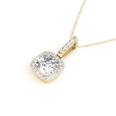 GIA Certified 1.7ct Cushion Diamond Halo Yellow Gold Pendant Necklace