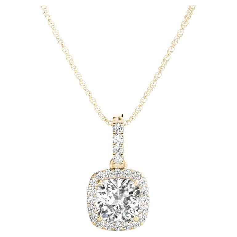 GIA Certified 1.7ct Cushion Diamond Halo Yellow Gold Pendant Necklace
