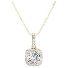 GIA Certified 1.7ct Cushion Diamond Halo Yellow Gold Pendant Necklace