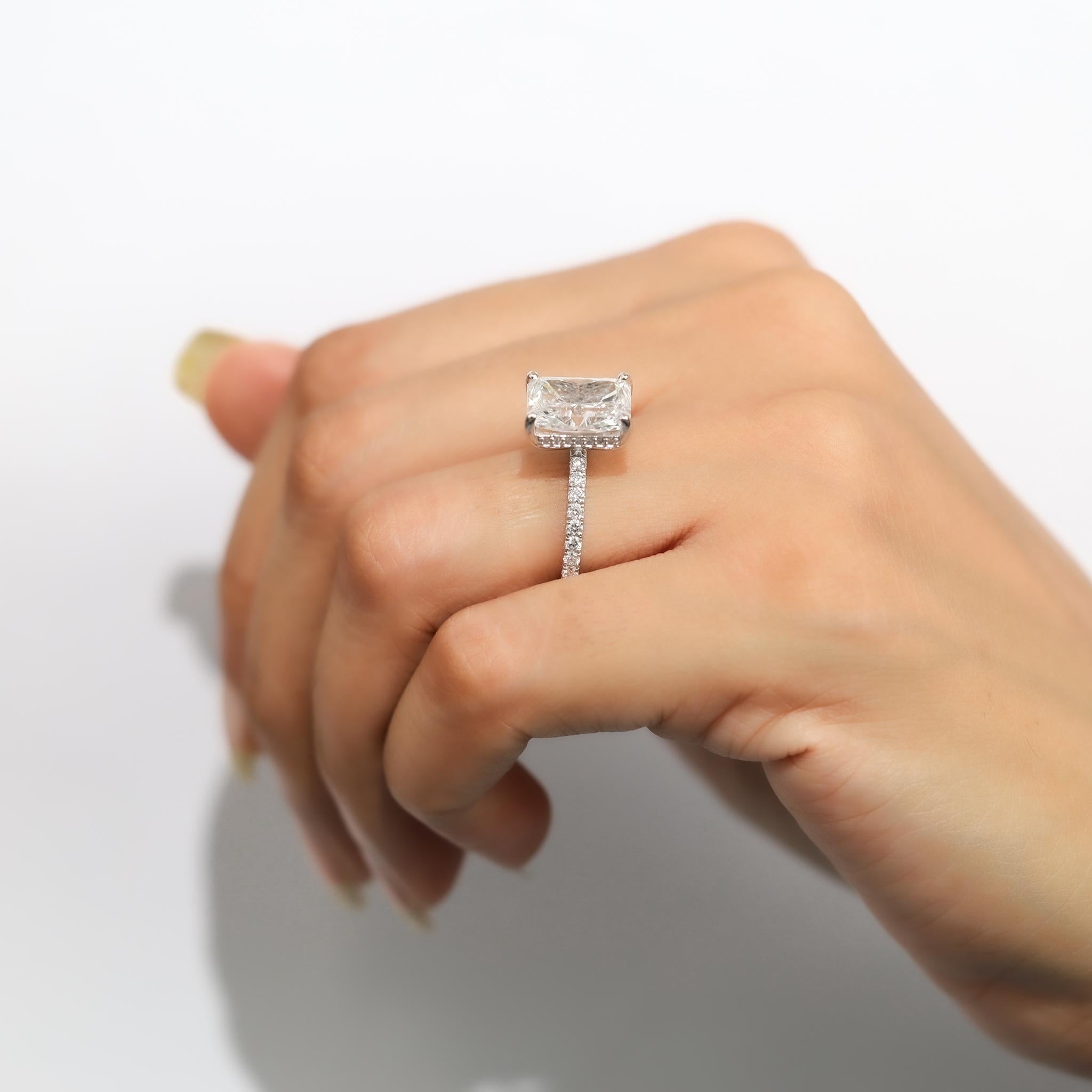 GIA Certified 4.1ct Radiant-Cut Diamond Hidden Halo Engagement Ring in 18K Gold For Sale 1