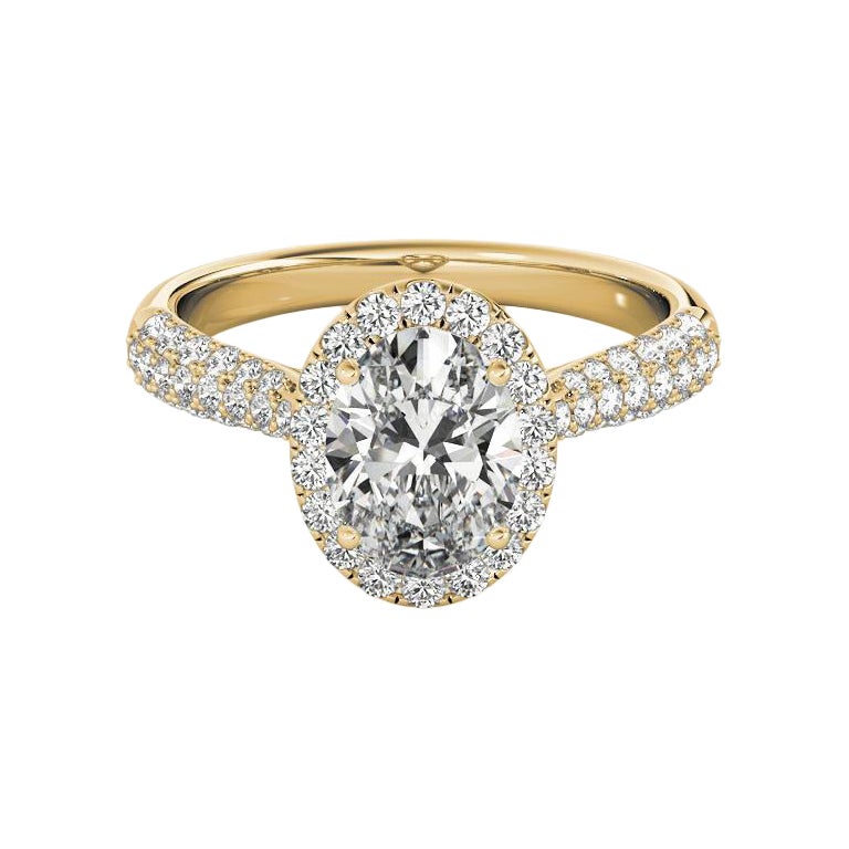 GIA Certified 1,8 Carat Oval Halo Multi-Row 18K Yellow Diamond Ring