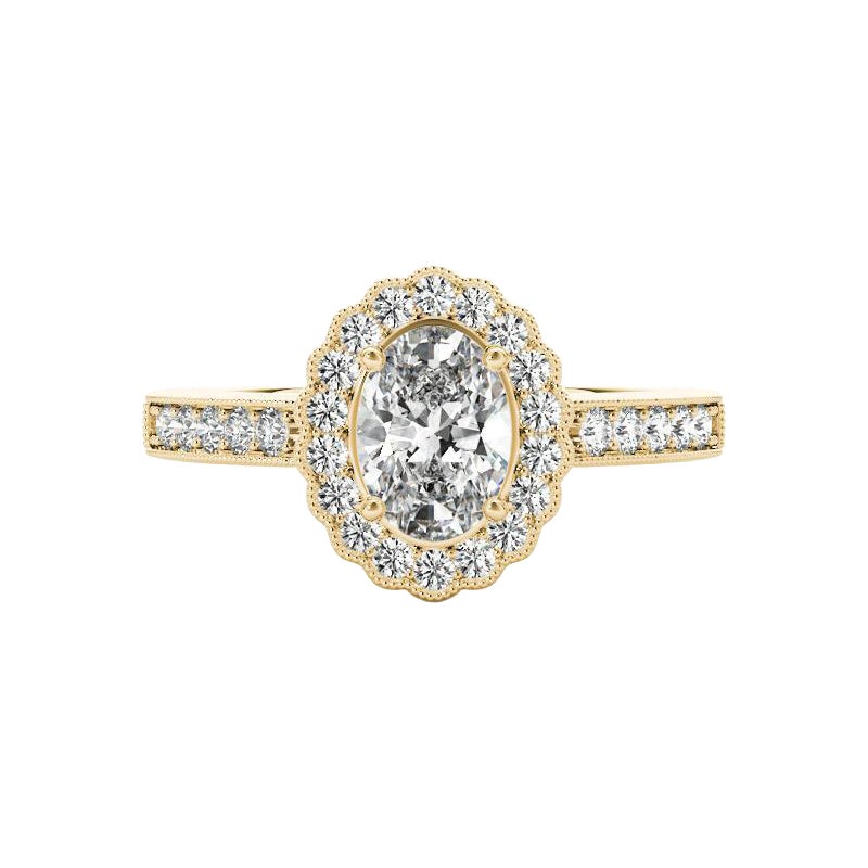 GIA Certified 1,8 Carat Oval Halo Openwork Pave Anello con diamanti in oro giallo 18K