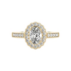 GIA Certified 1.8 Carat Oval Halo Openwork Pave 18K Yellow Gold Diamond Ring