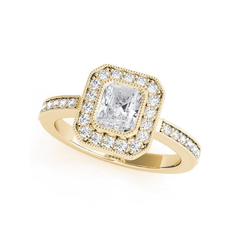 Taille radiant Bague en or jaune 18 carats certifiée GIA 1,8 carat Radiant Halo Milgrain Diamond Ring en vente