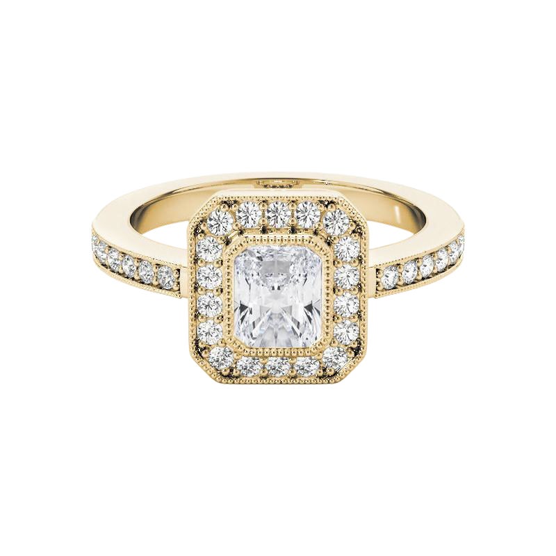 GIA Certified 1,8 Carat Radiant Halo Milgrain Anello di diamanti in oro giallo 18K