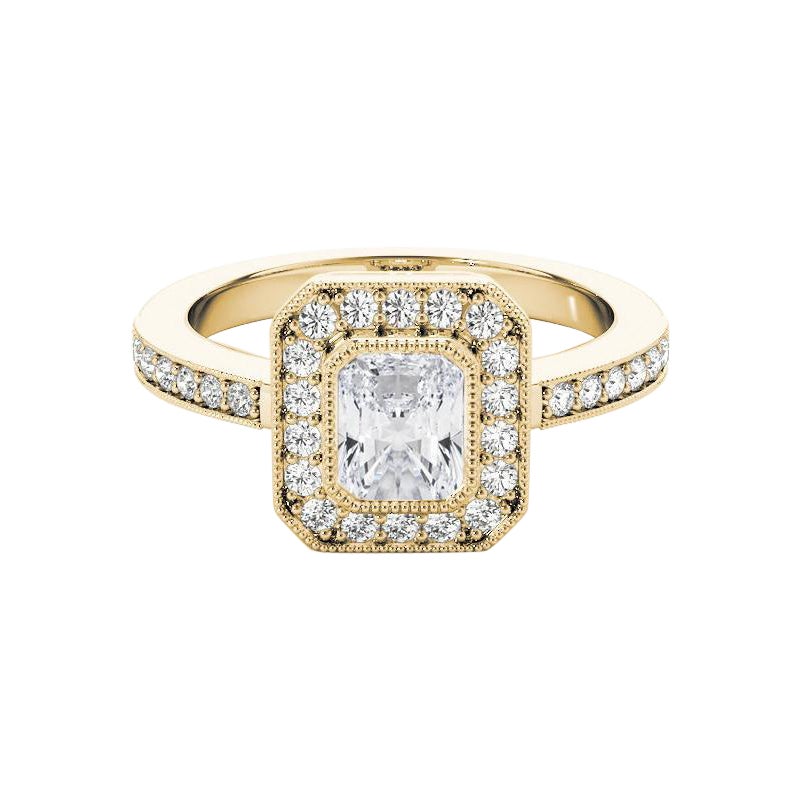 Bague en or jaune 18 carats certifiée GIA 1,8 carat Radiant Halo Milgrain Diamond Ring