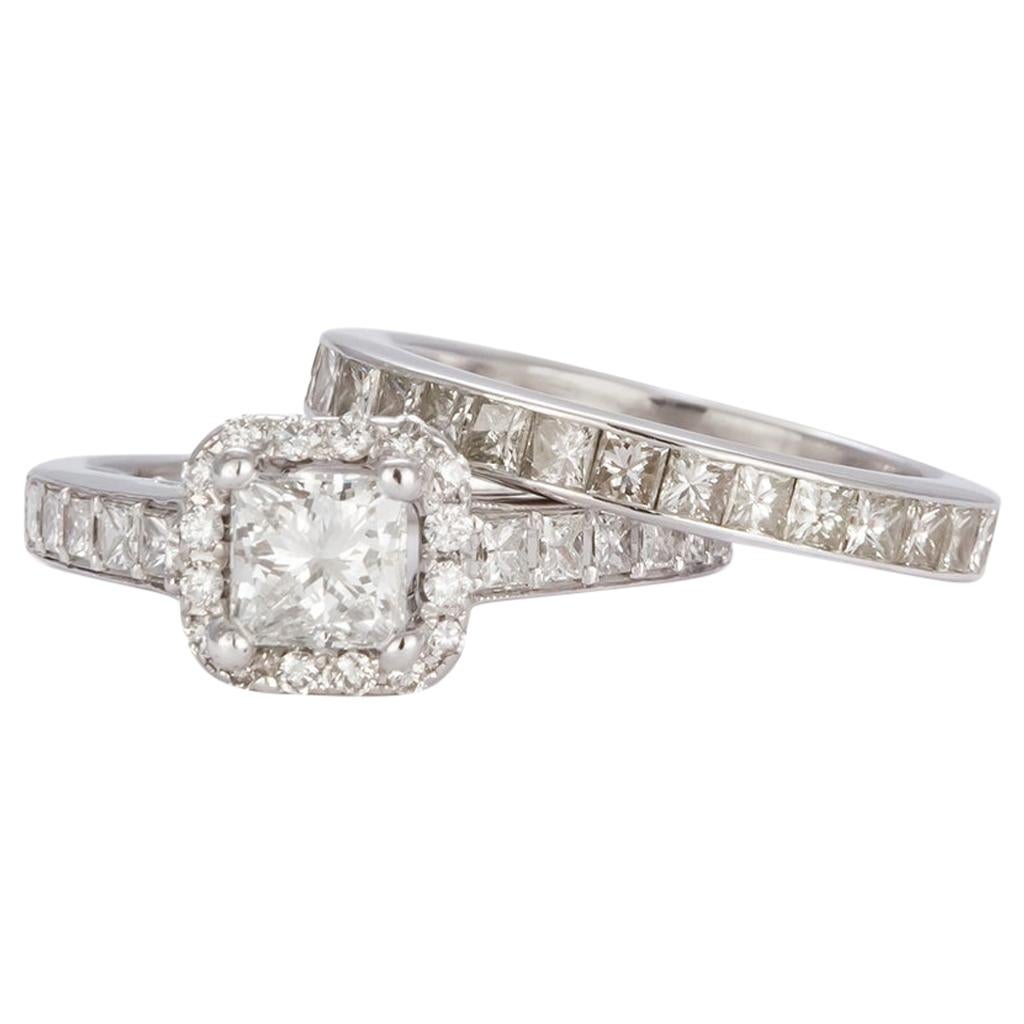 GIA Certified 18 Karat Gold and Princess Diamond Halo Wedding Set 3.58 Carat For Sale