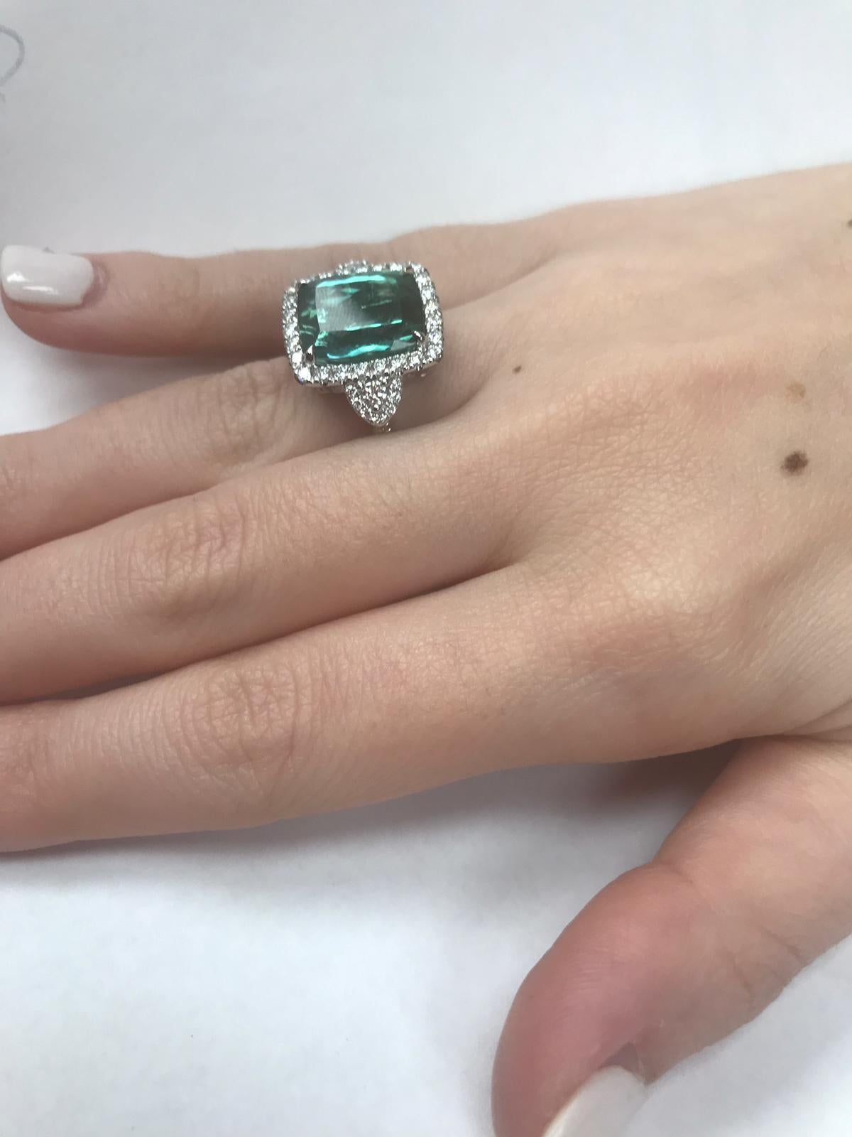 GIA Certified 18 Karat Gold Cushion Cut Blue-Green Tourmaline and Diamond Ring In New Condition In Great Neck, NY