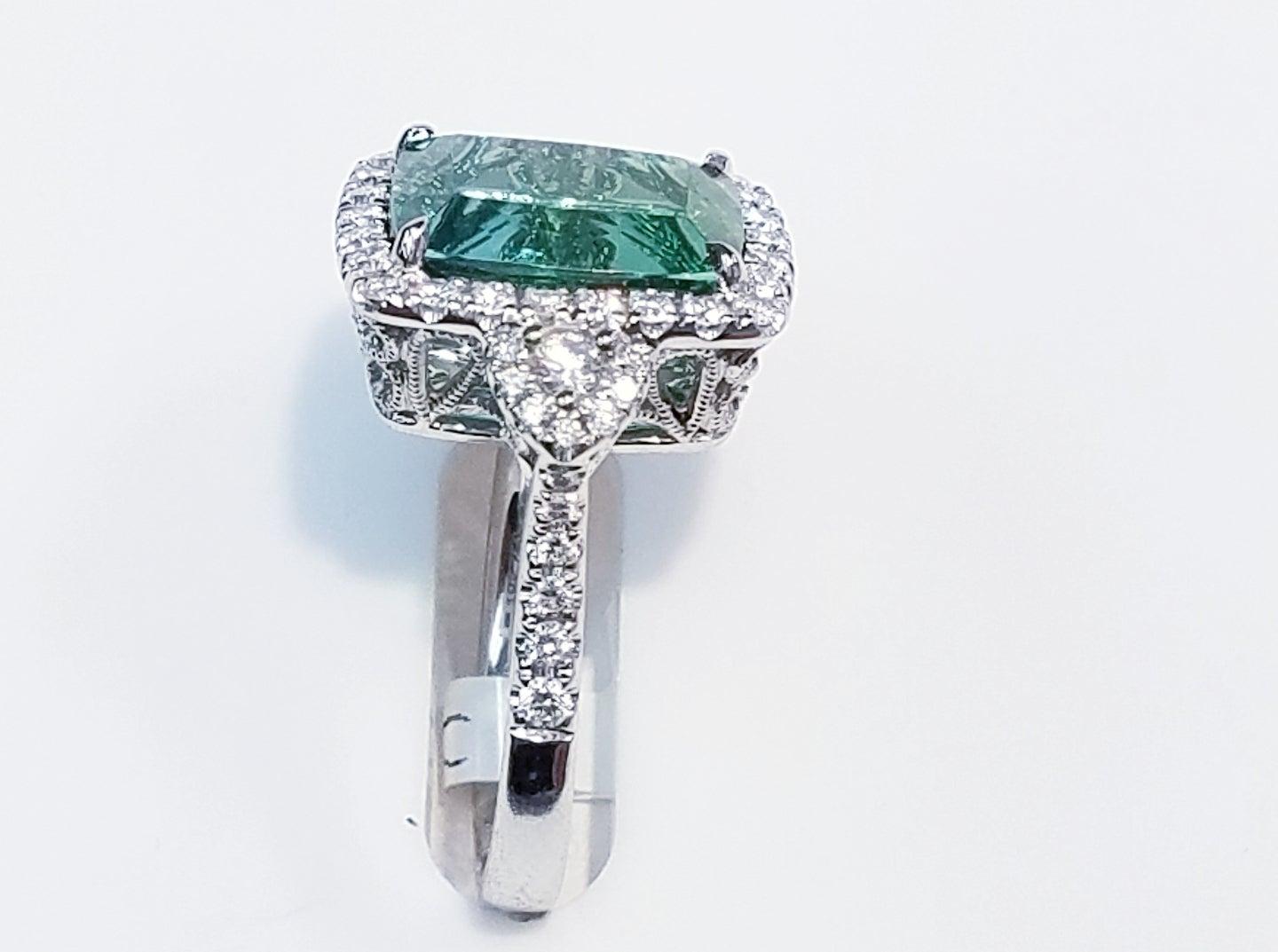Women's or Men's GIA Certified 18 Karat Gold Cushion Cut Blue-Green Tourmaline and Diamond Ring