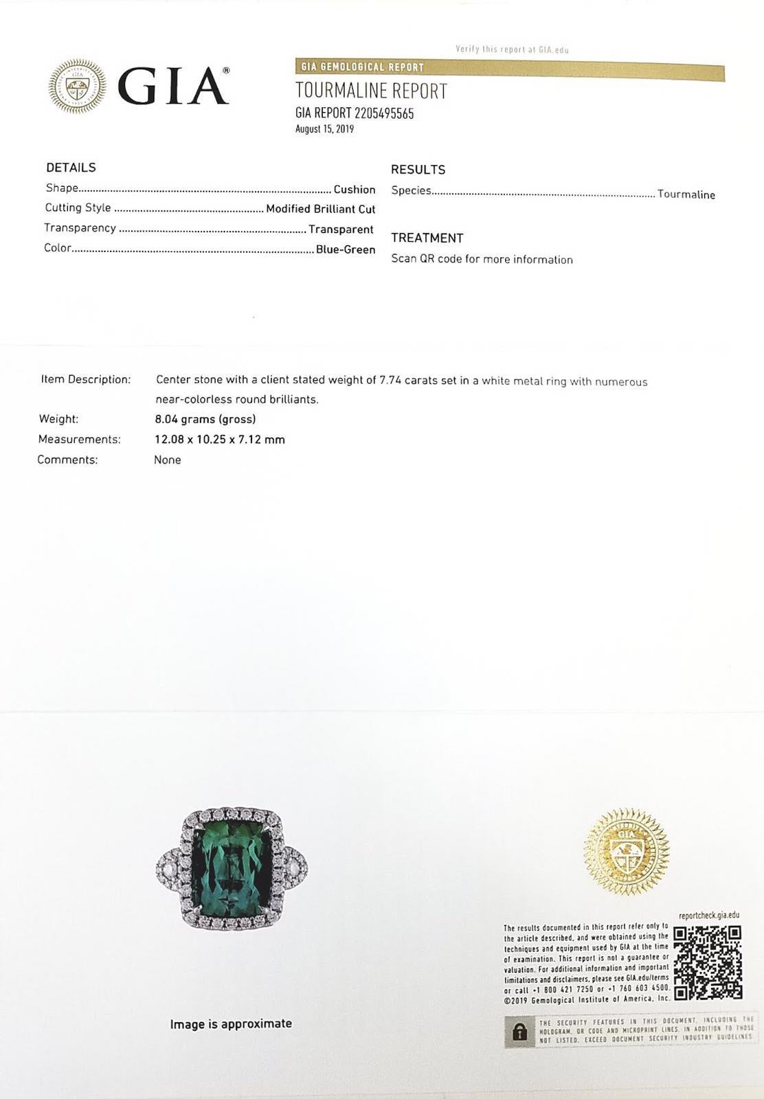 GIA Certified 18 Karat Gold Cushion Cut Blue-Green Tourmaline and Diamond Ring 1