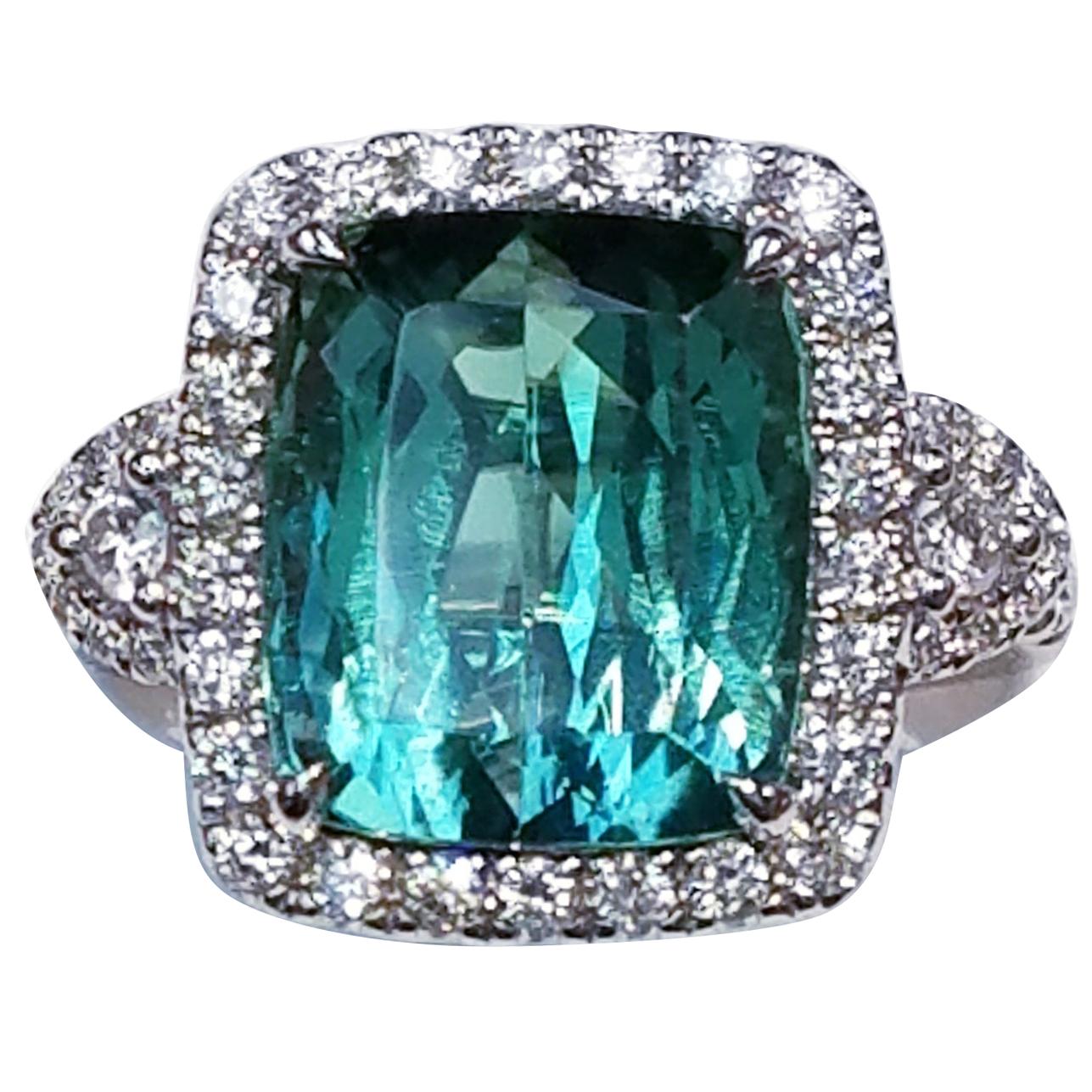 GIA Certified 18 Karat Gold Cushion Cut Blue-Green Tourmaline and Diamond Ring