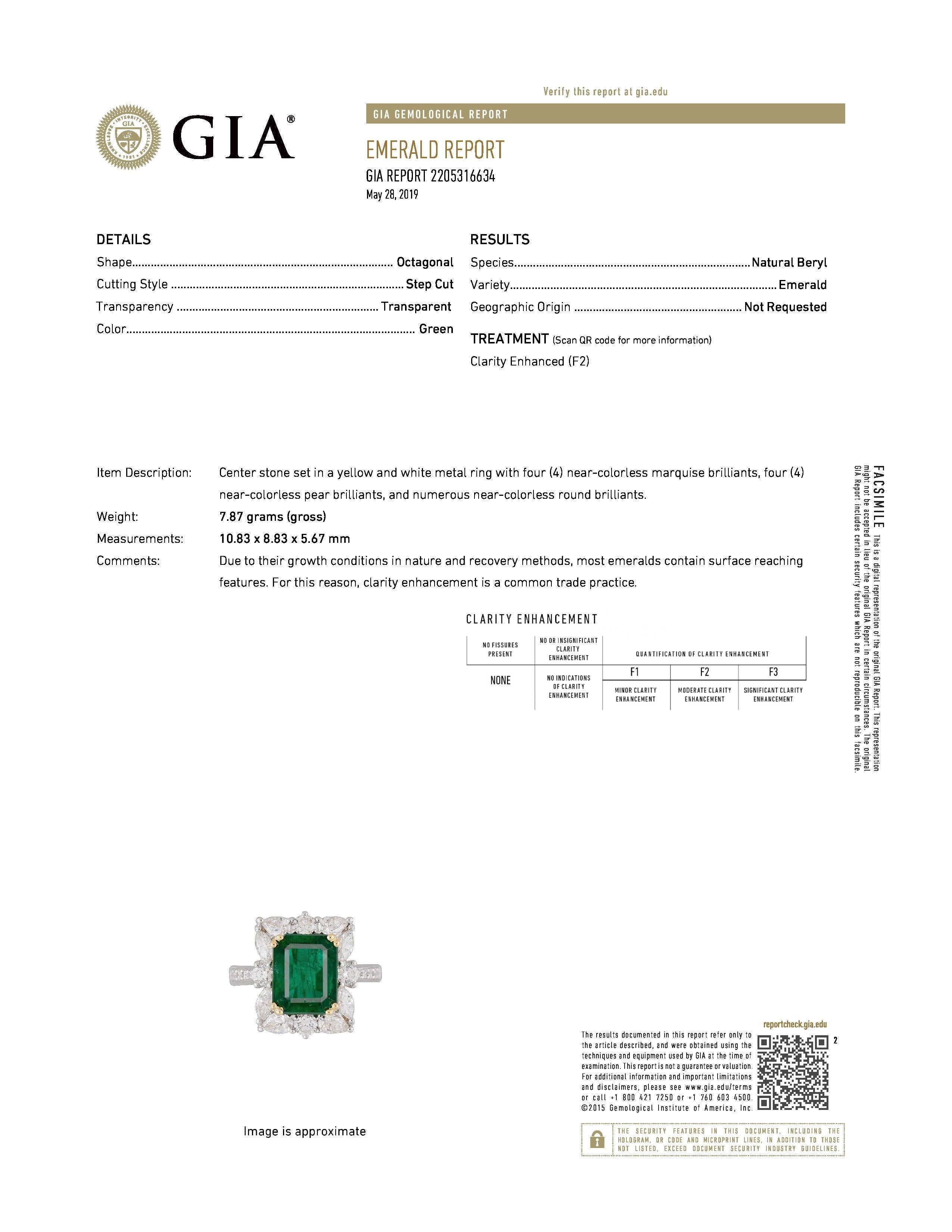 Women's or Men's GIA Certified 18 Karat Gold Emerald Cut Emerald and Genuine Diamond Ring 17312