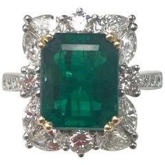GIA Certified 18 Karat Gold Emerald Cut Emerald and Genuine Diamond Ring 17312