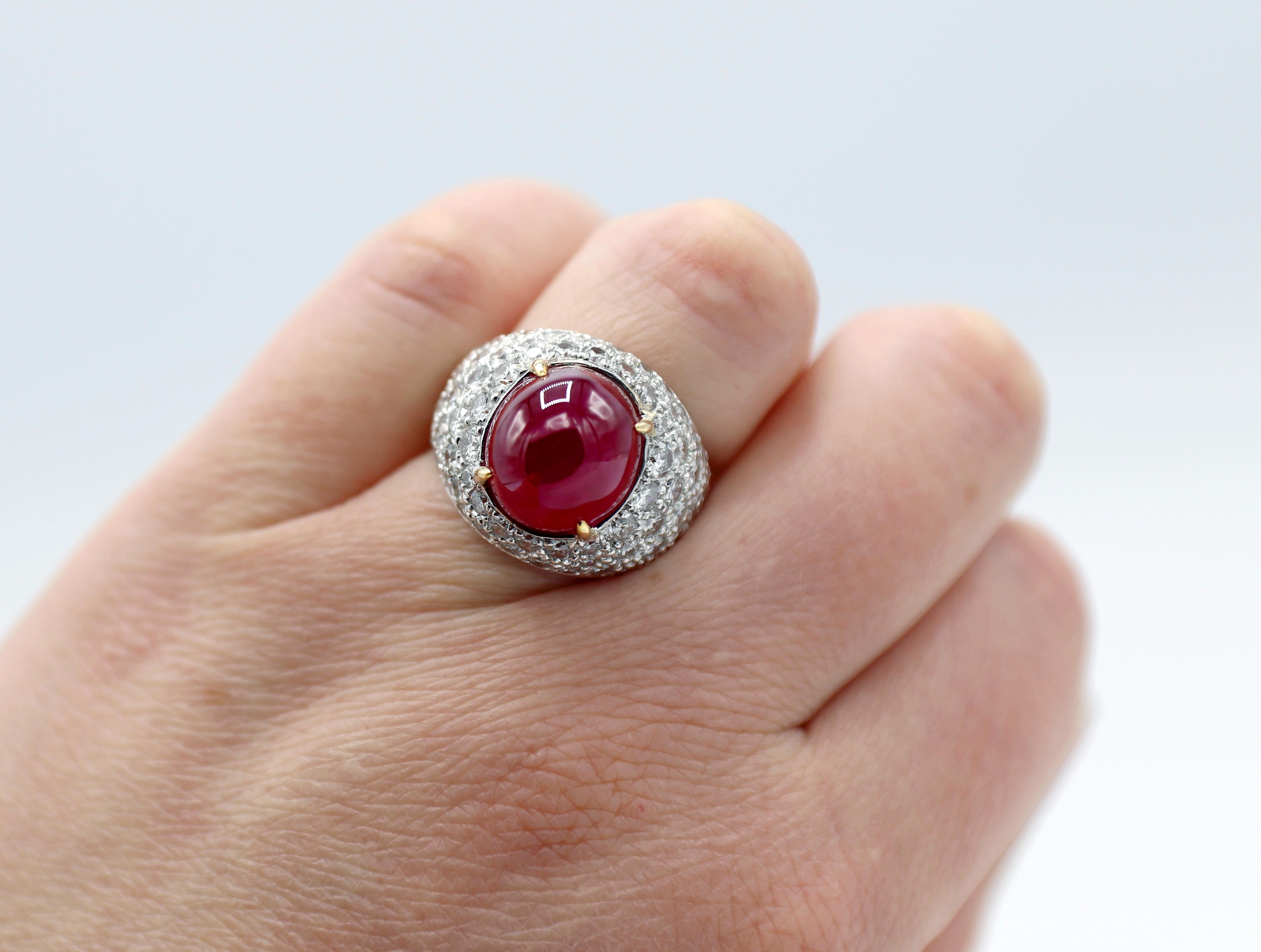 GIA Certified 18 Karat Pave Diamond and Cabochon Ruby Dome Cocktail Ring 4