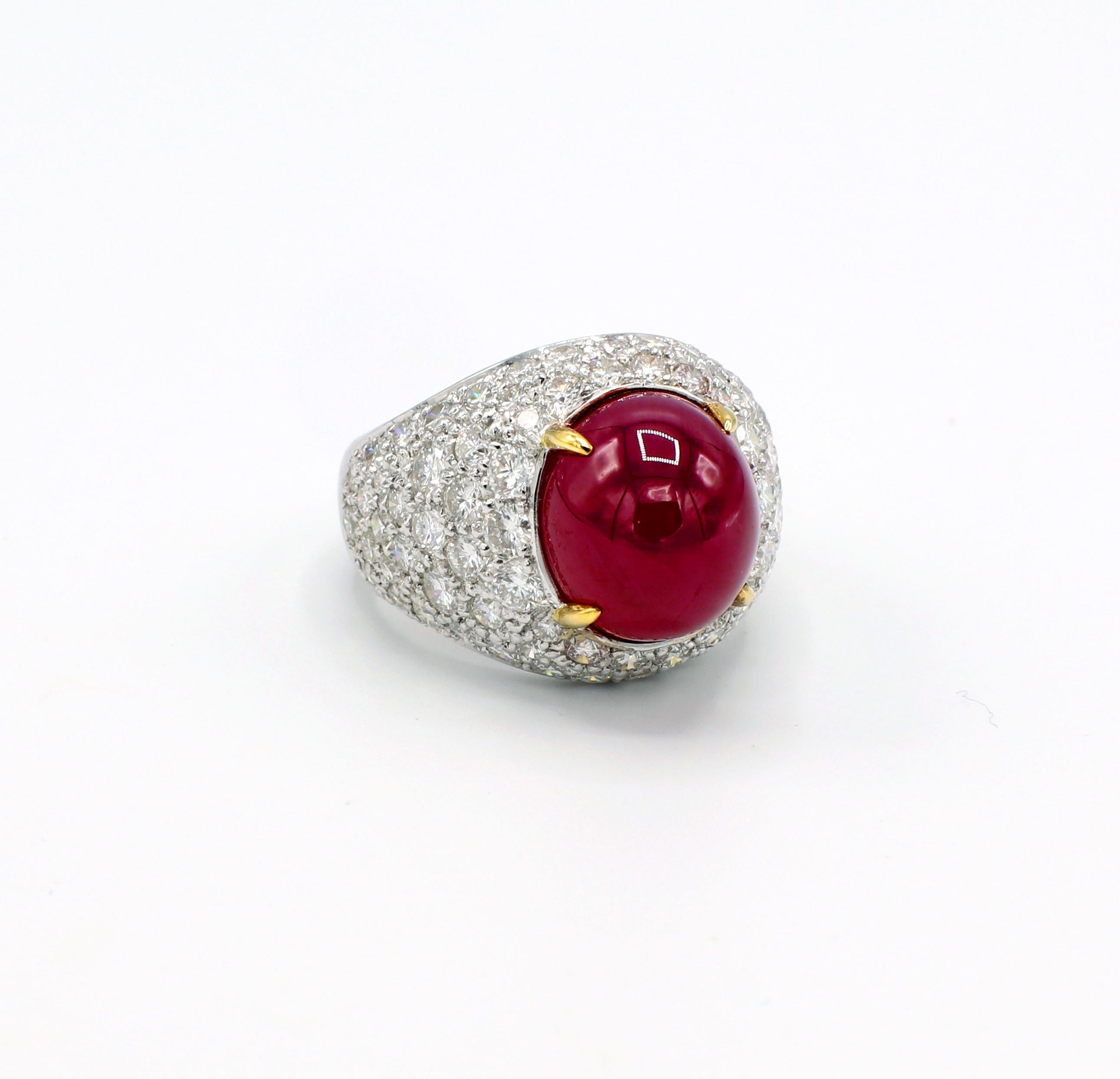 GIA Certified 18K Pave Diamond Cabochon Ruby Dome Cocktail Ring Size 7
GIA Report Number: 6214398607 (see GIA report pictured for details)
Metal: 18k white/yellow gold
Weight: 13.95 grams
Diamonds: Approx. 4 CTW round brilliant cut diamonds G VS