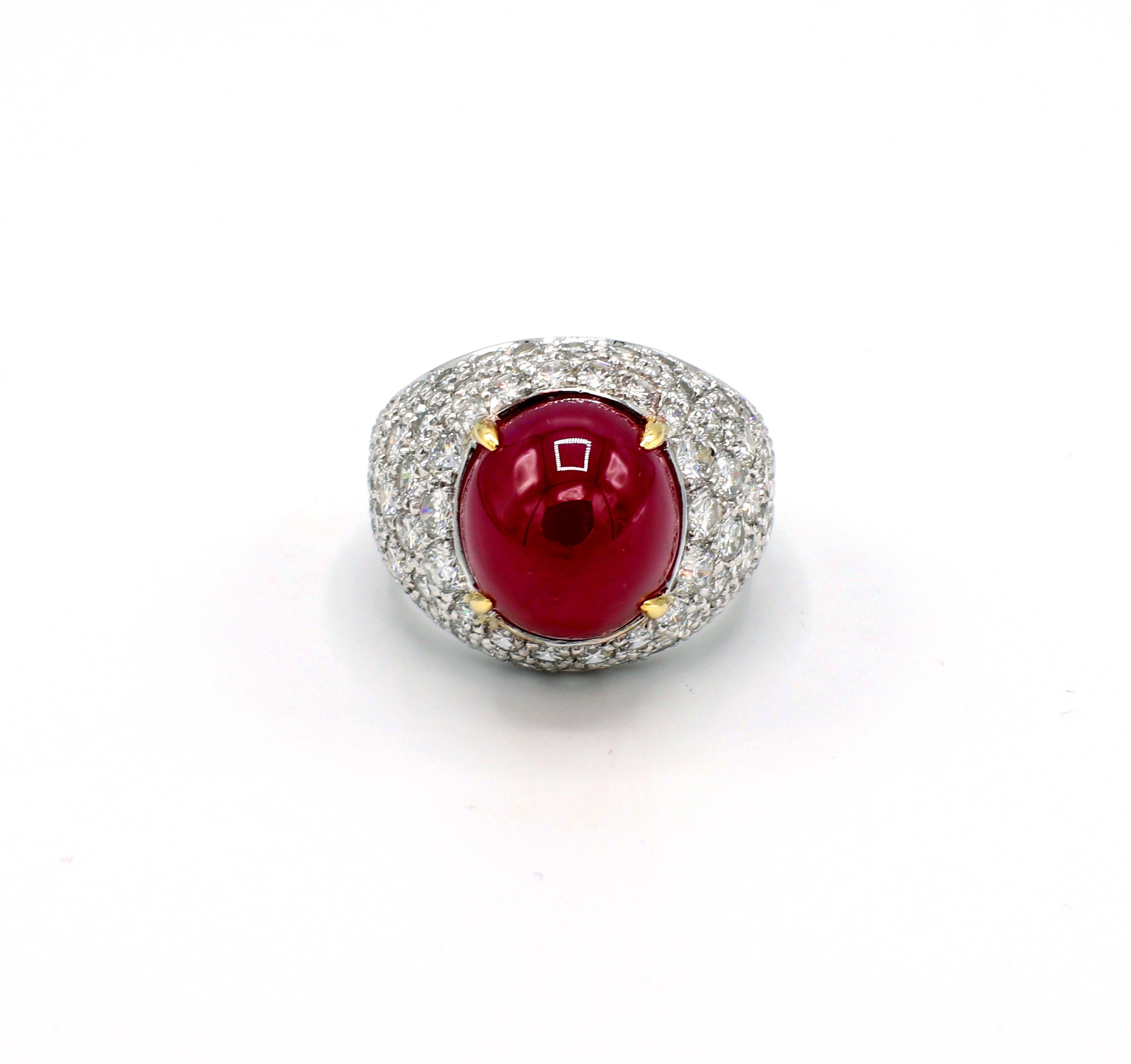 Modern GIA Certified 18 Karat Pave Diamond and Cabochon Ruby Dome Cocktail Ring