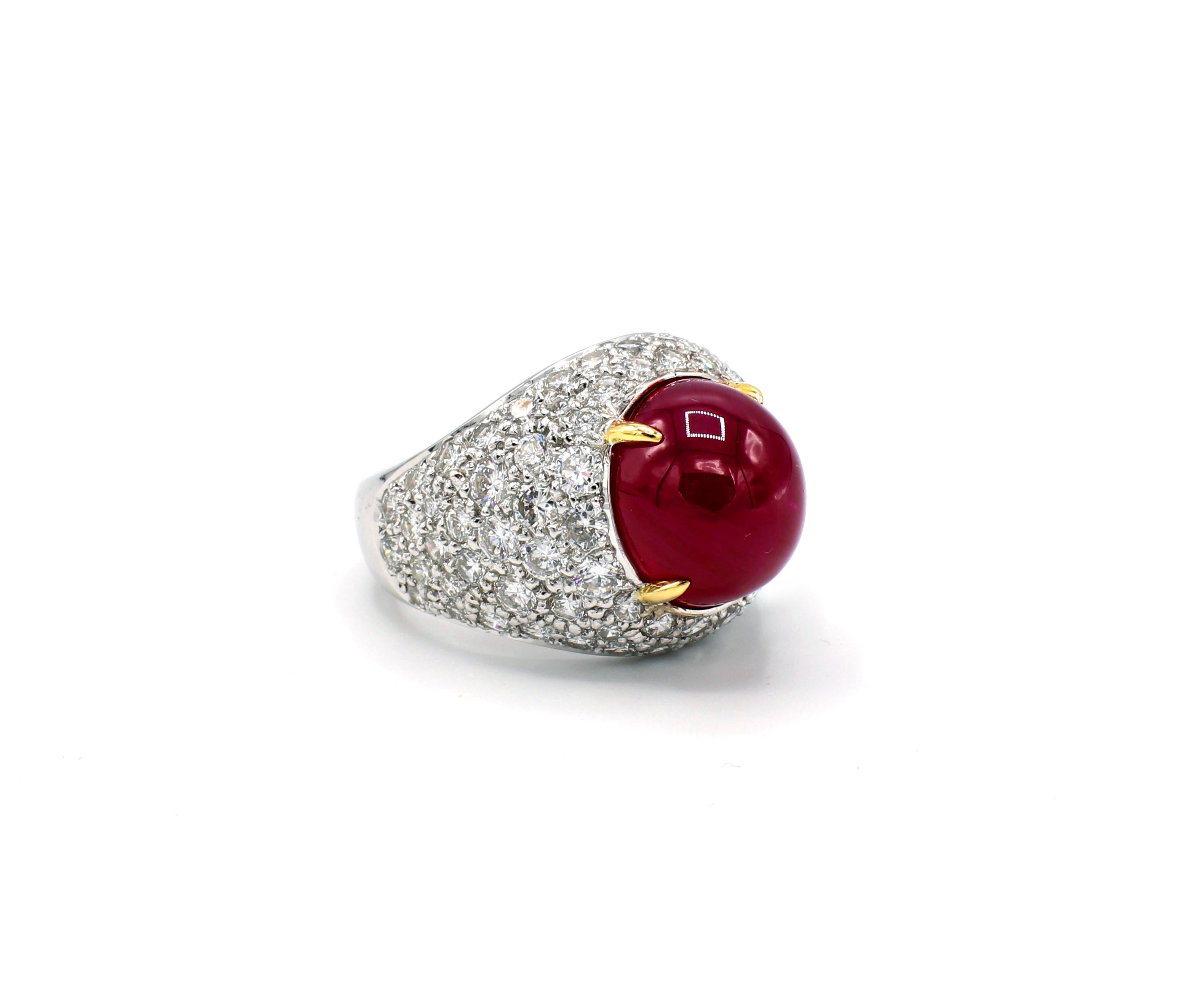 GIA Certified 18 Karat Pave Diamond and Cabochon Ruby Dome Cocktail Ring In Excellent Condition In  Baltimore, MD