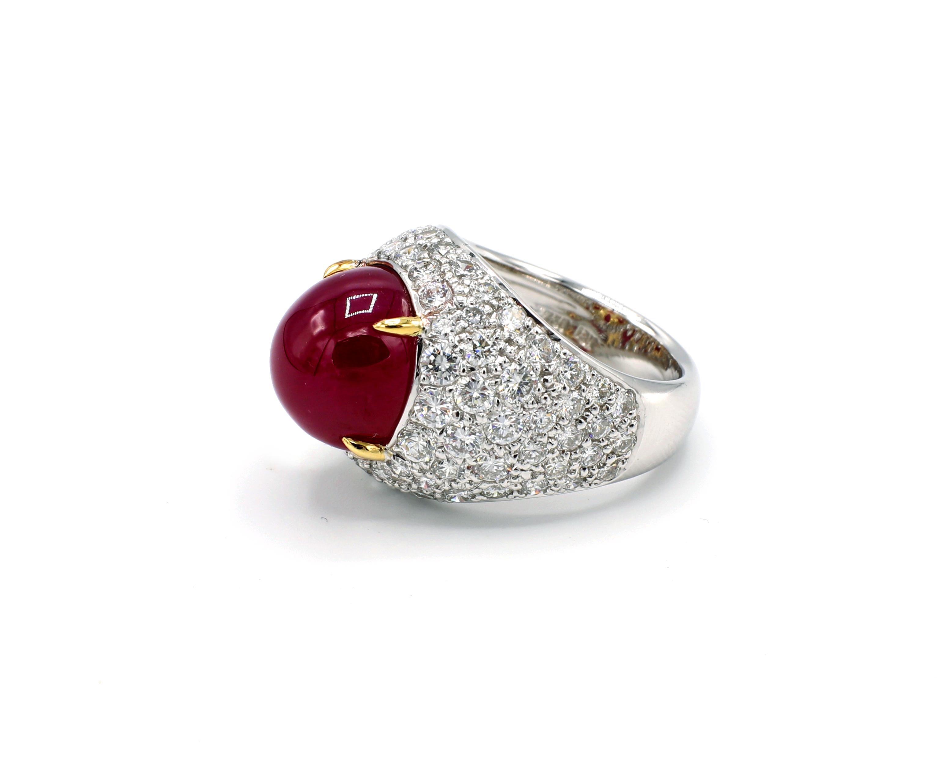 Women's GIA Certified 18 Karat Pave Diamond and Cabochon Ruby Dome Cocktail Ring