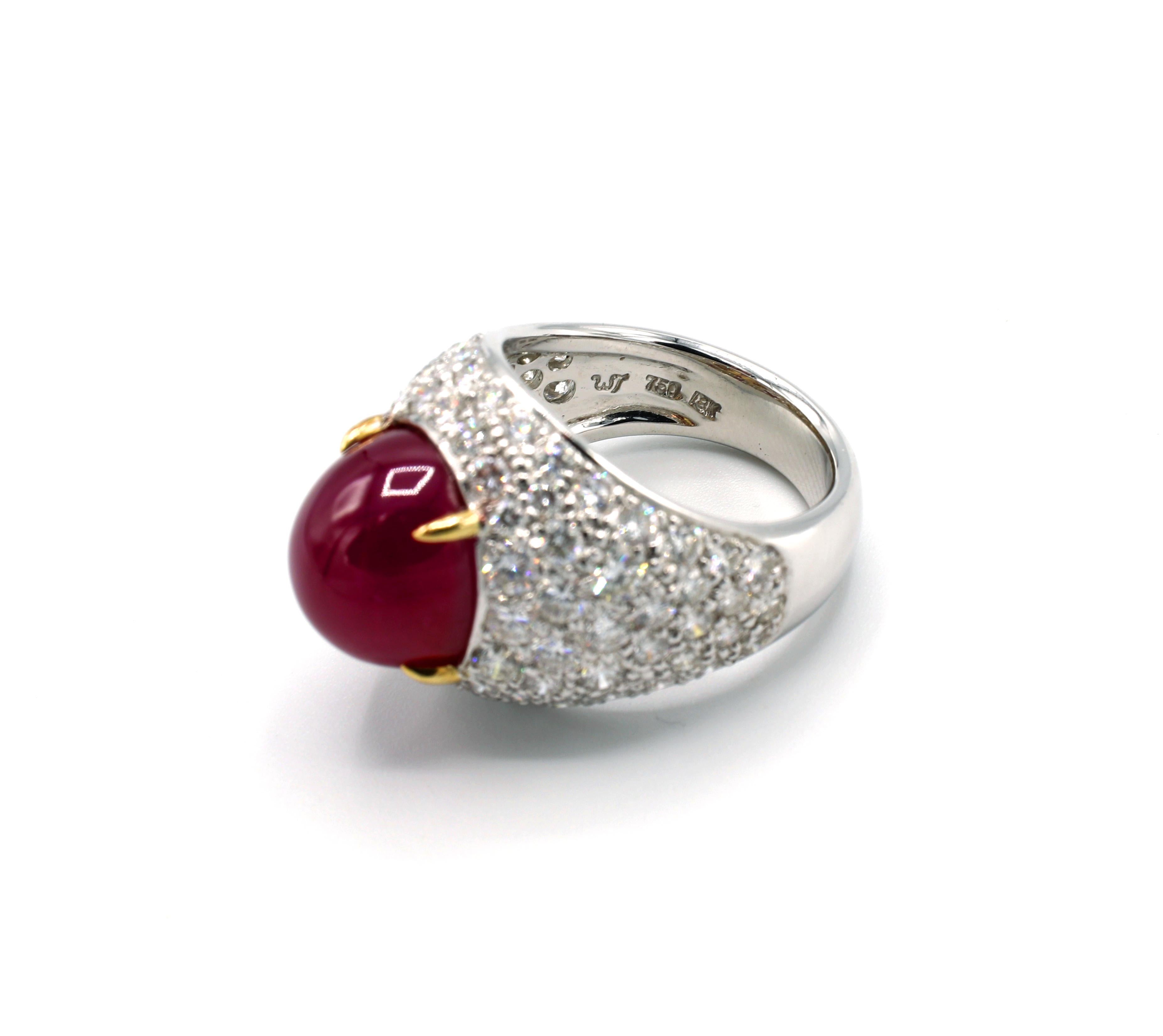 GIA Certified 18 Karat Pave Diamond and Cabochon Ruby Dome Cocktail Ring 1