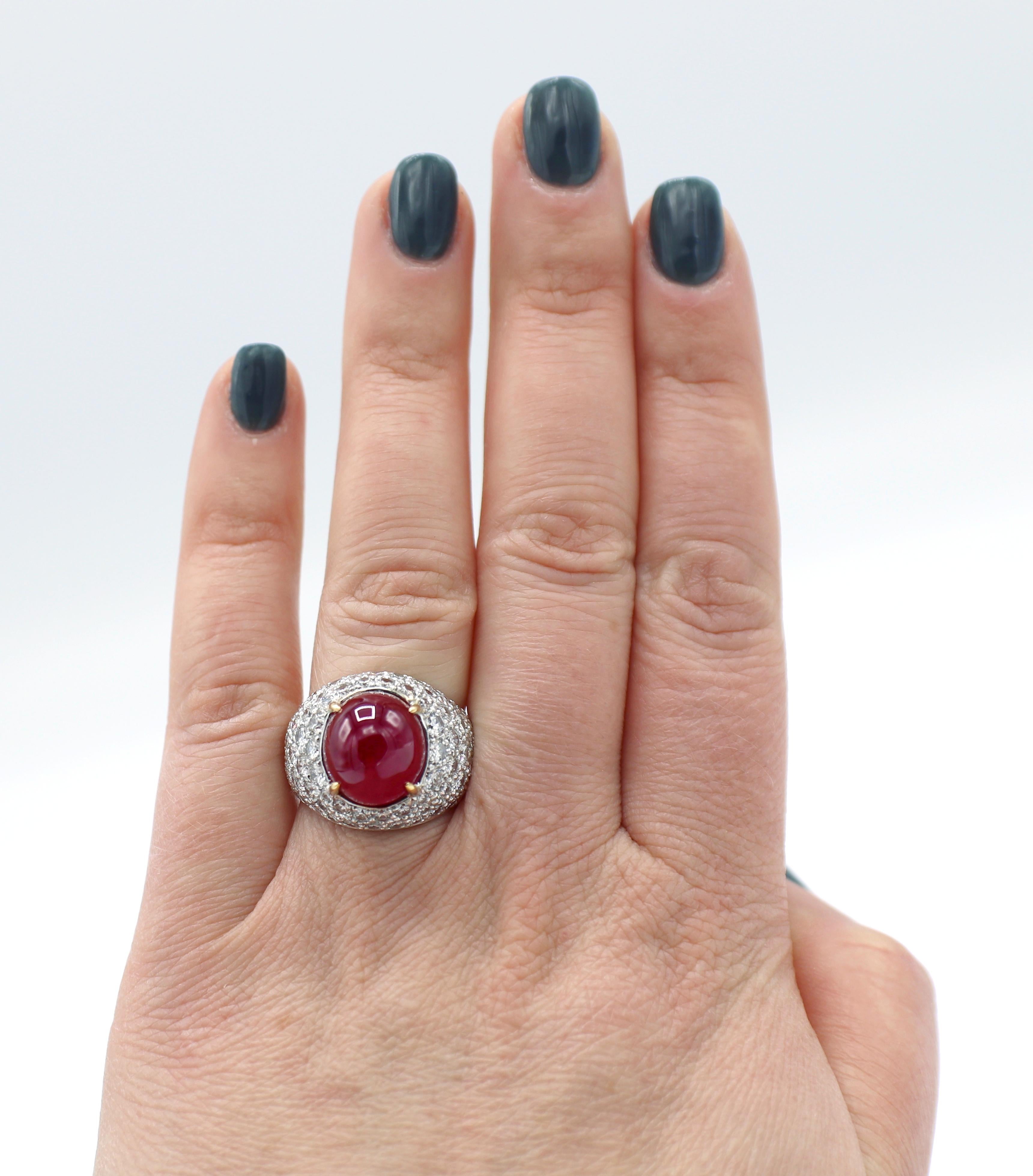 GIA Certified 18 Karat Pave Diamond and Cabochon Ruby Dome Cocktail Ring 2