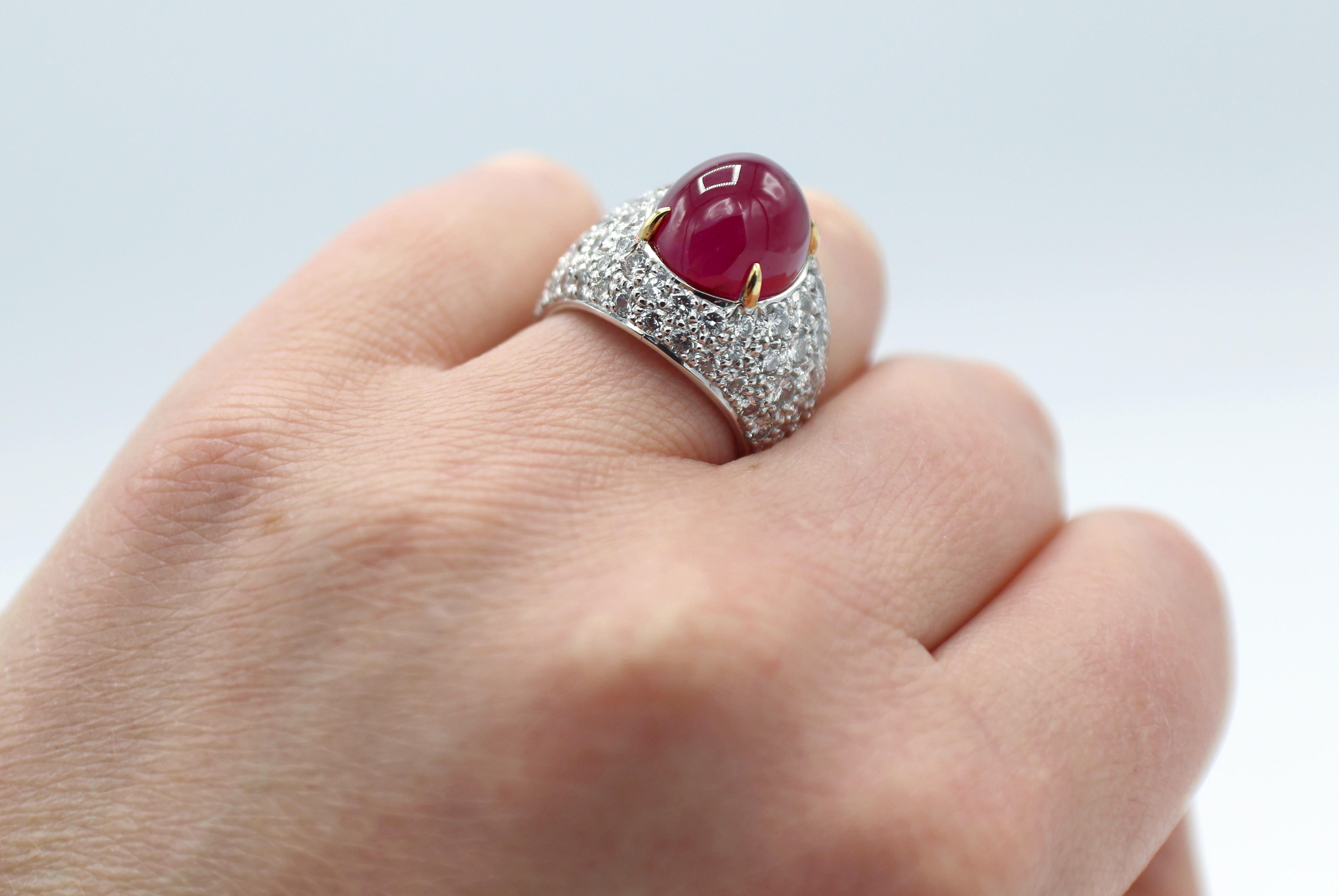 GIA Certified 18 Karat Pave Diamond and Cabochon Ruby Dome Cocktail Ring 3