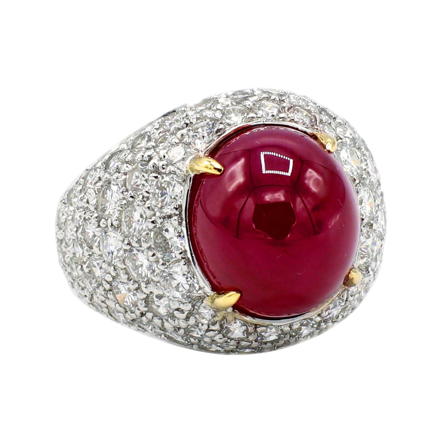 GIA Certified 18 Karat Pave Diamond and Cabochon Ruby Dome Cocktail Ring