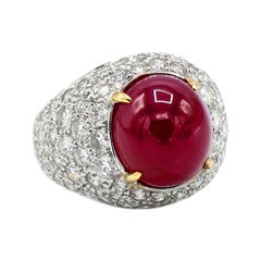 GIA Certified 18 Karat Pave Diamond and Cabochon Ruby Dome Cocktail Ring