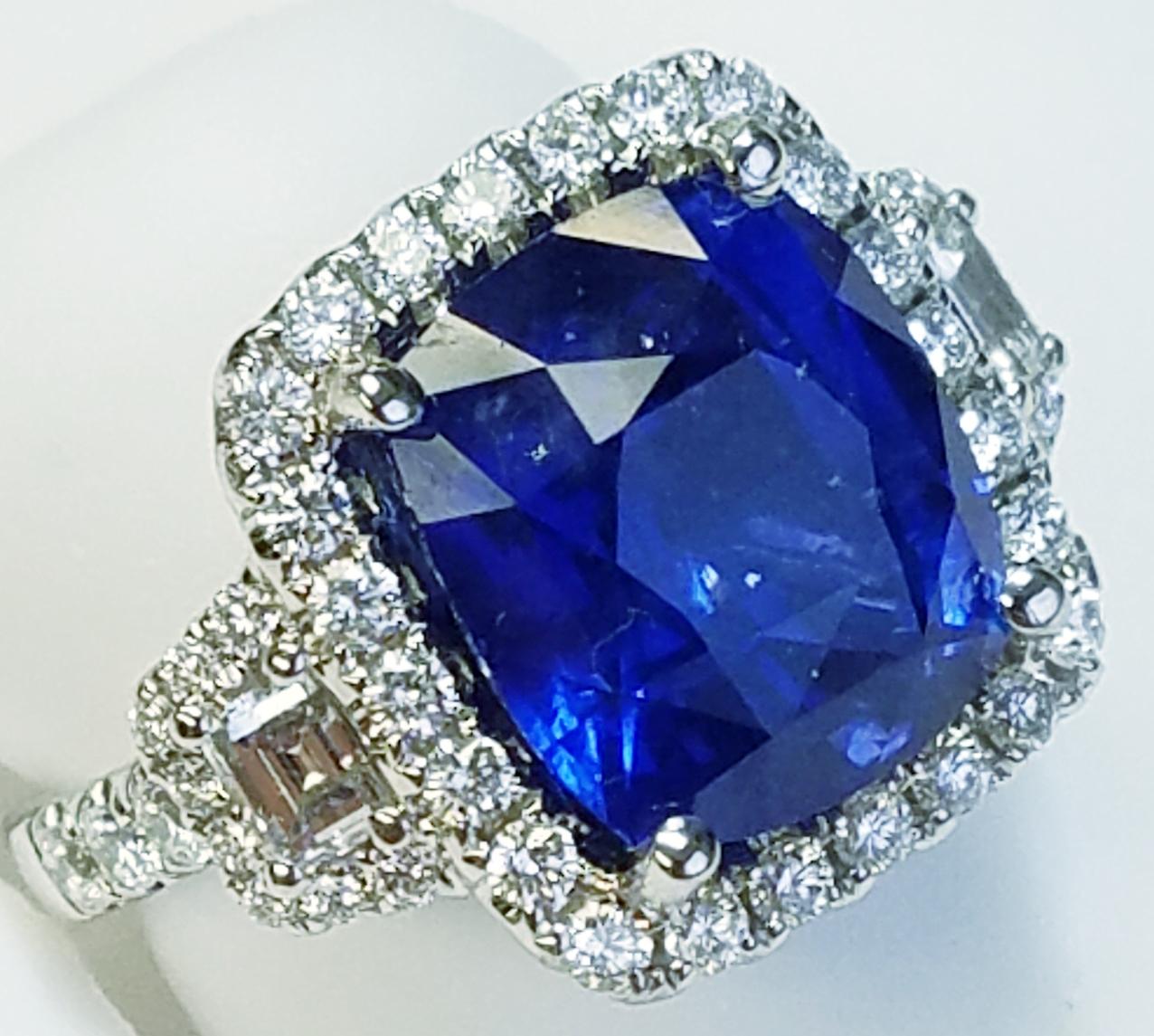 GIA Certified 18 Karat White Gold Cushion Cut Sapphire and Diamond Ring #17214 In New Condition In Great Neck, NY