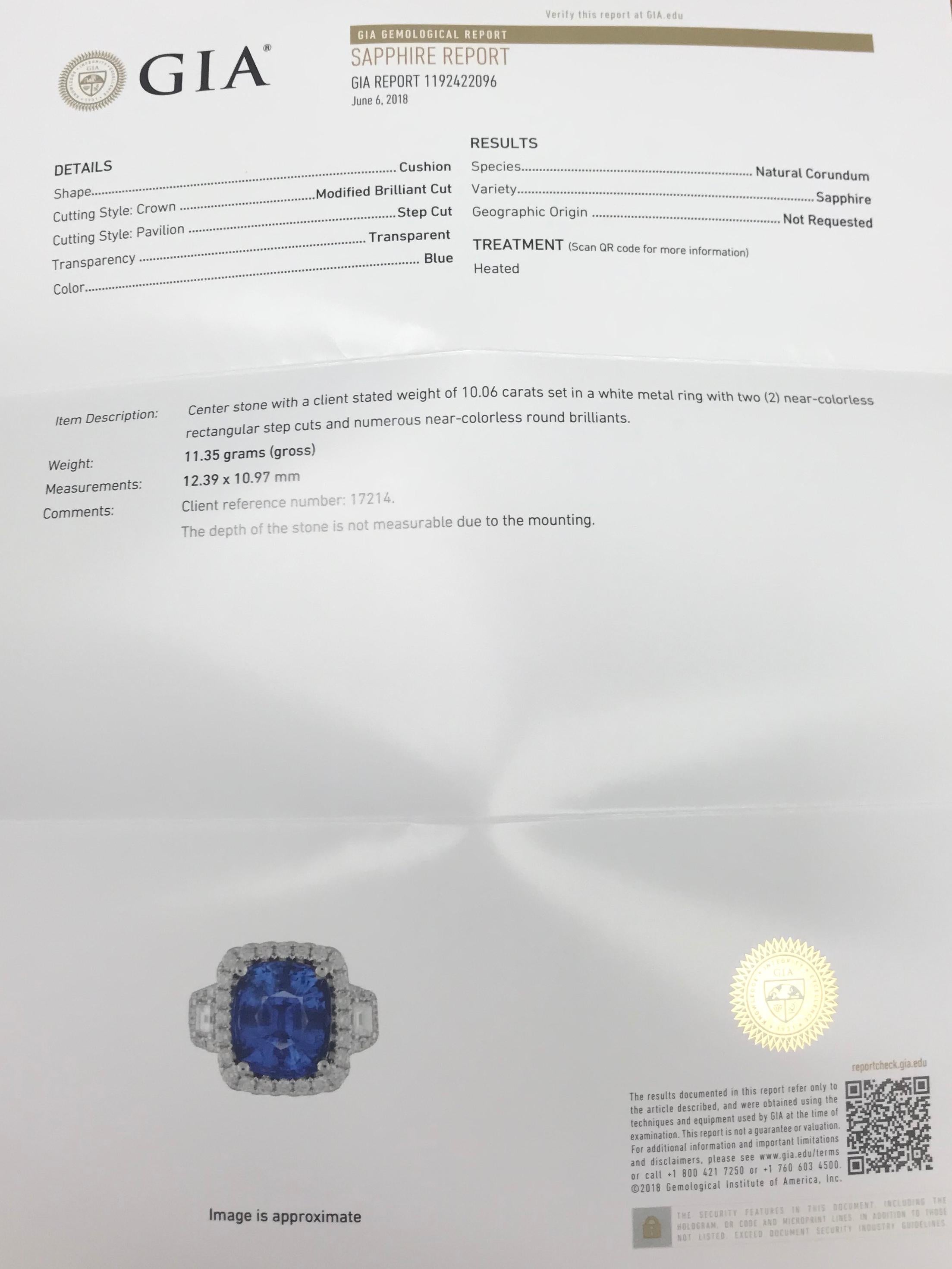 GIA Certified 18 Karat White Gold Cushion Cut Sapphire and Diamond Ring #17214 1