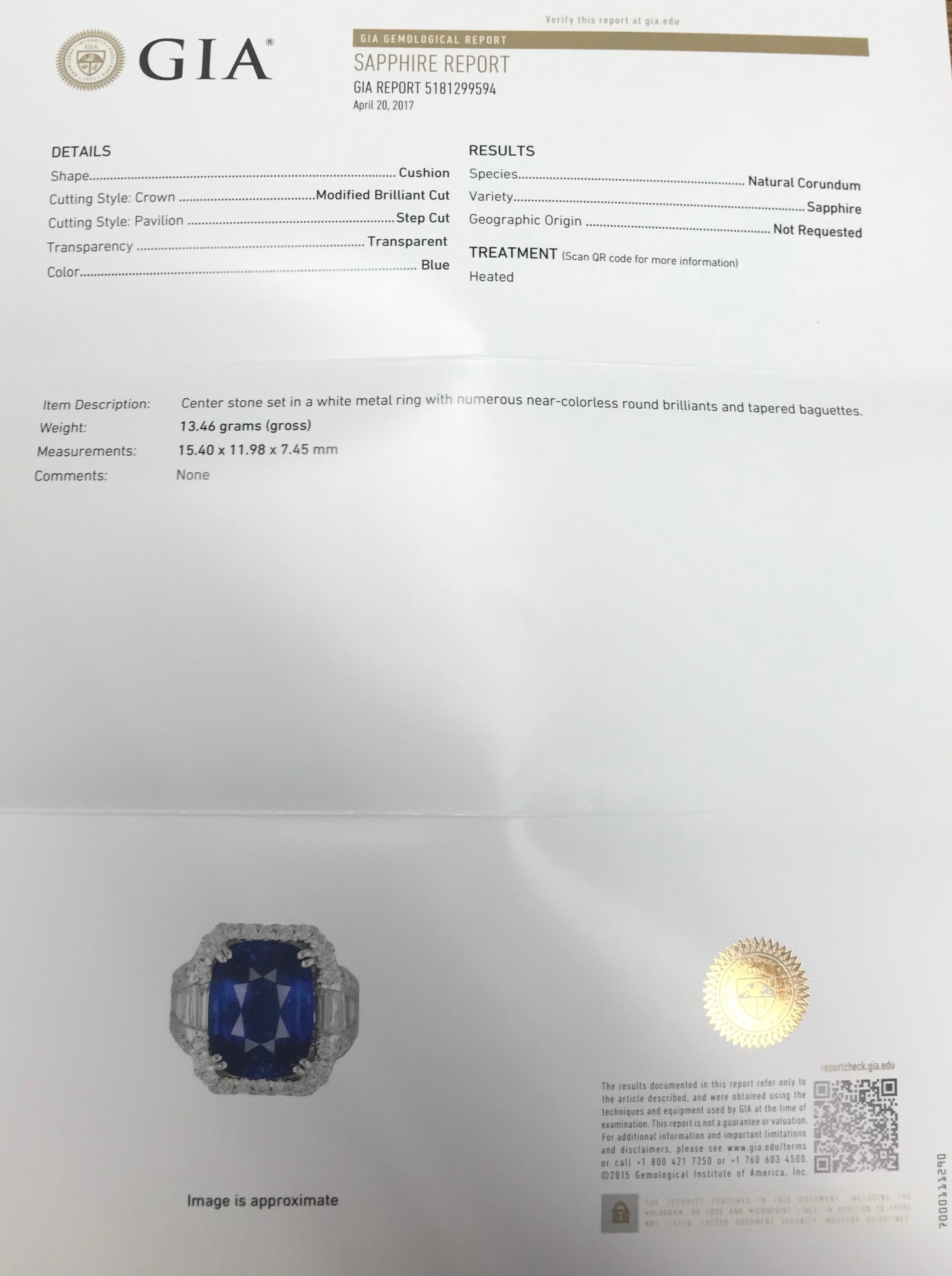 GIA Certified 18 Karat White Gold Cushion Cut Sapphire and Diamond Ring 1