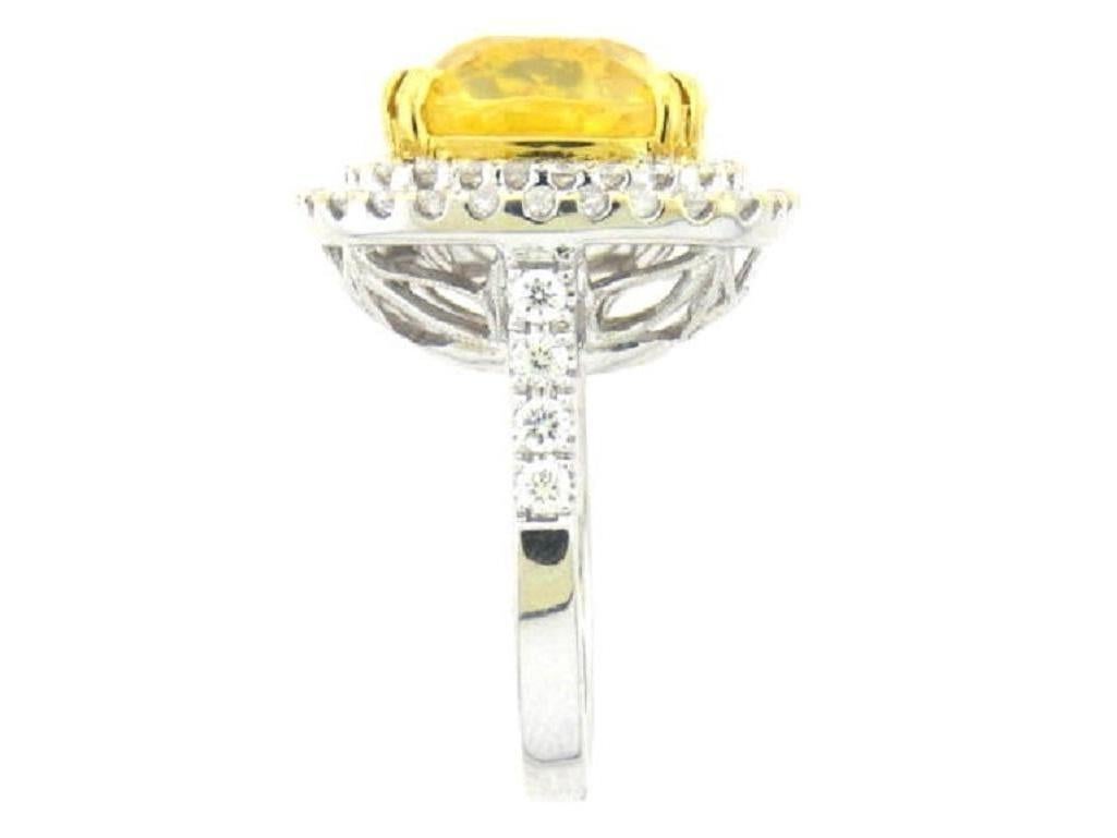 GIA Certified 18 Karat White Gold Cushion Cut Yellow Sapphire and Diamond Ring In New Condition In Great Neck, NY