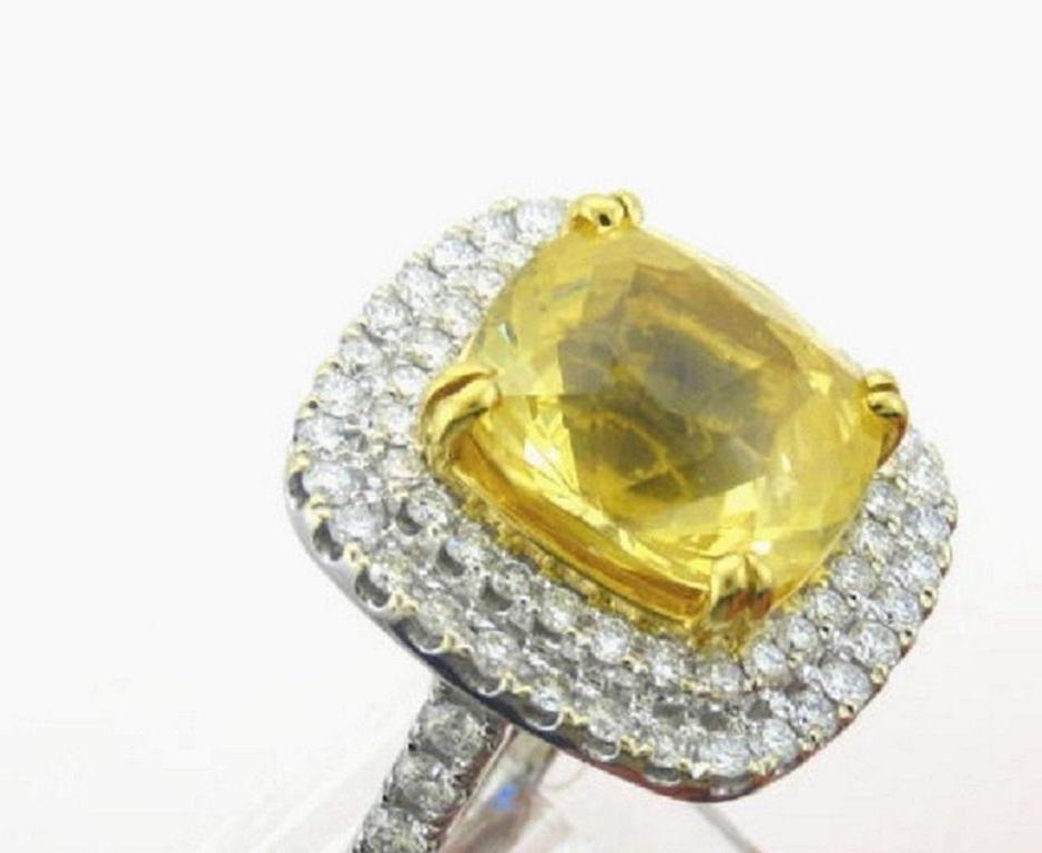 Women's or Men's GIA Certified 18 Karat White Gold Cushion Cut Yellow Sapphire and Diamond Ring