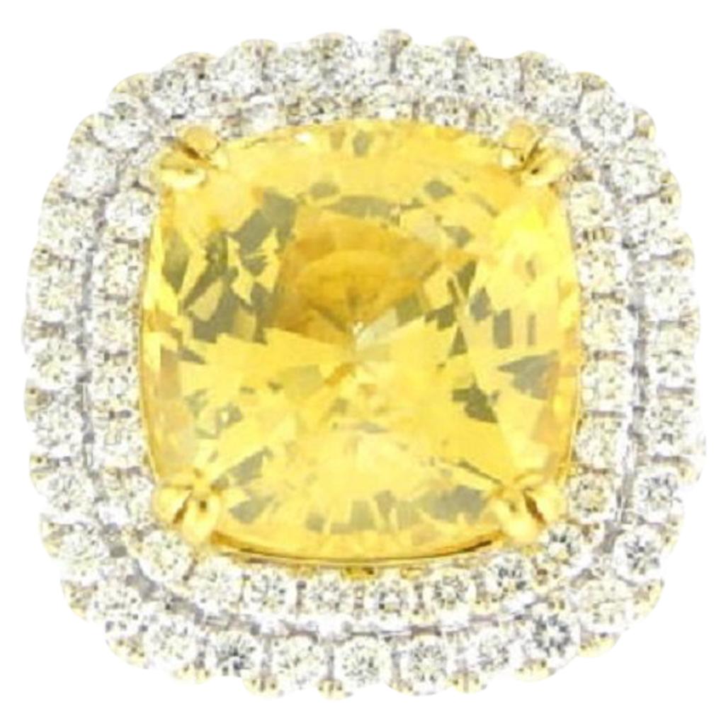 GIA Certified 18 Karat White Gold Cushion Cut Yellow Sapphire and Diamond Ring