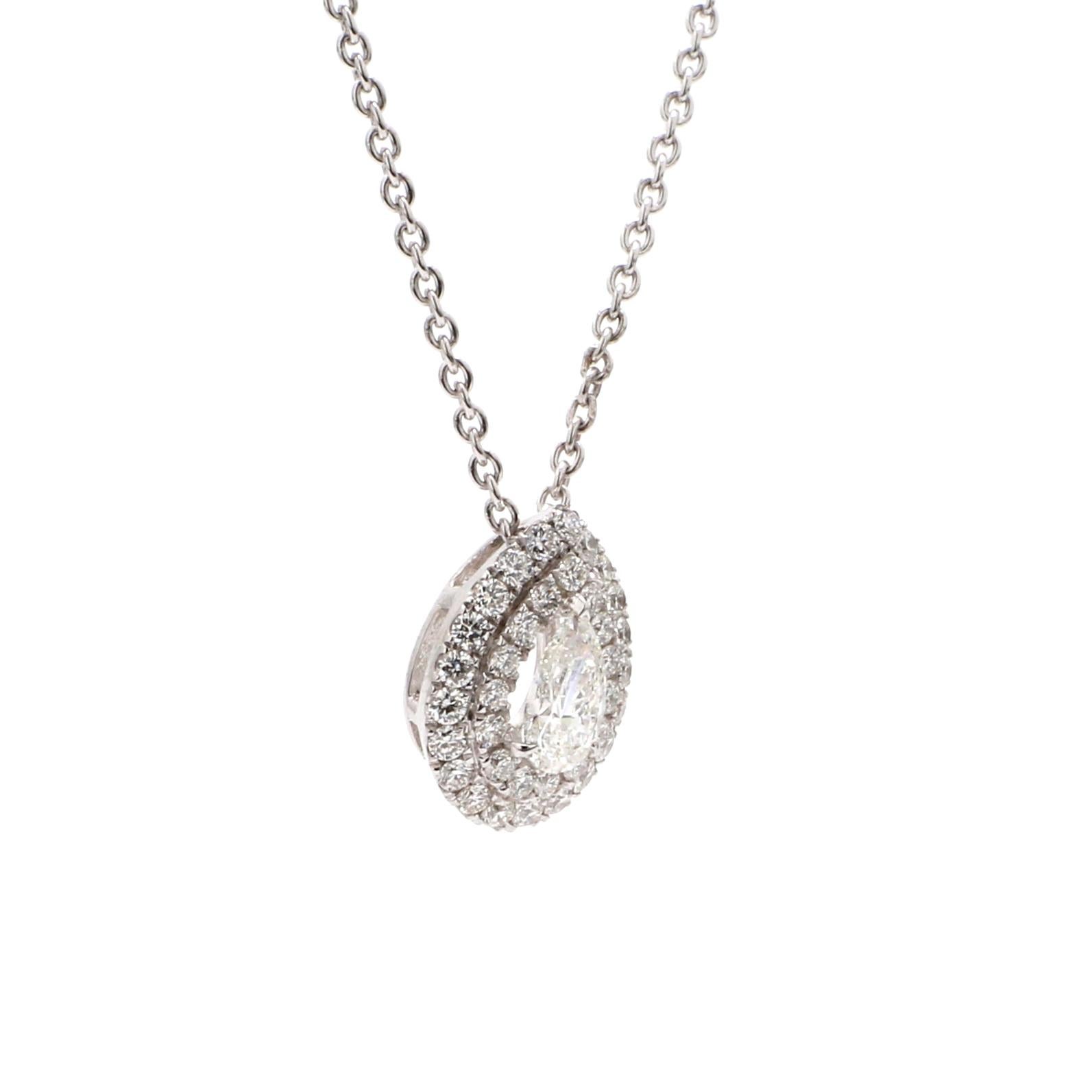 Pear Cut GIA Certified 18 Karat White Gold Double Halo Pear Diamond Necklace
