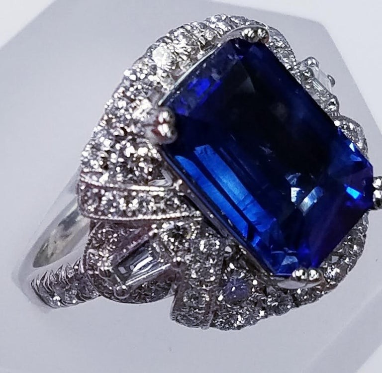 GIA Certified 18 Karat White Gold Emerald Cut Blue Sapphire and Diamond ...