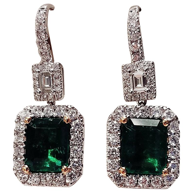 GIA Certified 18 Karat White Gold Emerald Cut Emerald and Diamond Earrings