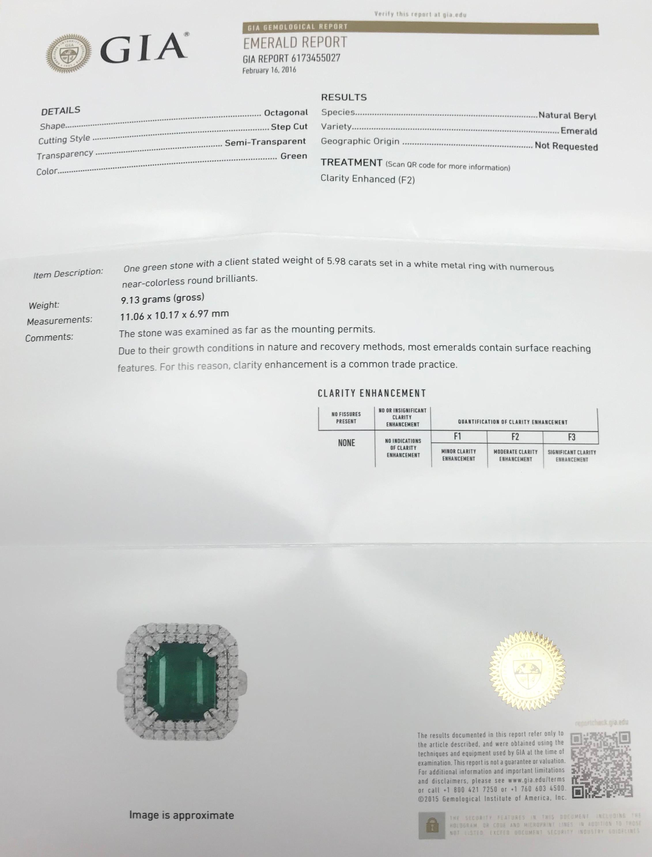 Contemporary GIA Certified 18 Karat White Gold Emerald Cut Emerald and Diamond Ring For Sale