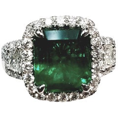 GIA Certified 18 Karat White Gold Emerald Cut Emerald and Diamond Ring