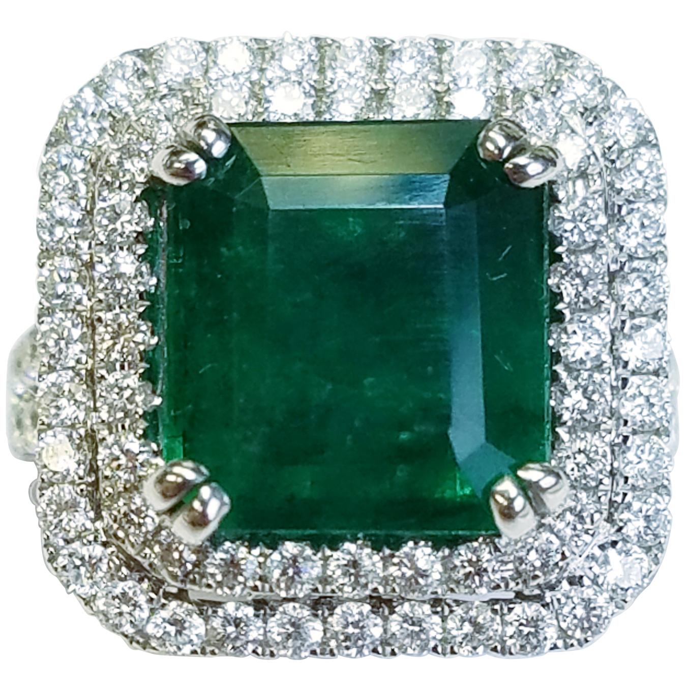GIA Certified 18 Karat White Gold Emerald Cut Emerald and Diamond Ring For Sale