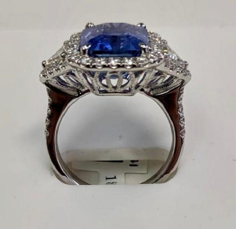 Contemporary GIA Certified 18 Karat White Gold Emerald Cut No Heat Sapphire and Diamond Ring