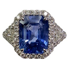 GIA Certified 18 Karat White Gold Emerald Cut No Heat Sapphire and Diamond Ring
