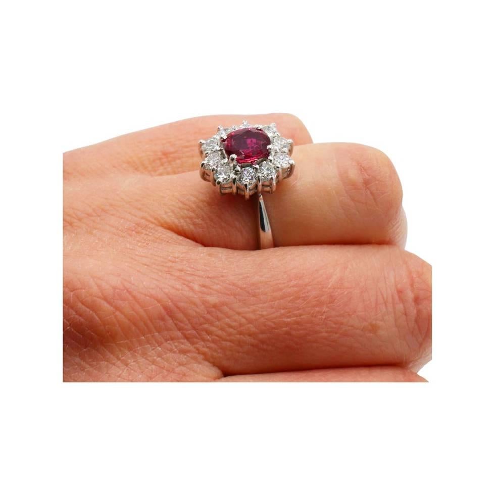GIA Certified 18 Karat White Gold Natural Ruby & Diamond Halo Cocktail Ring  For Sale 2