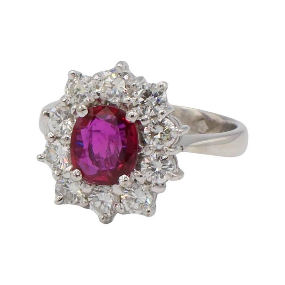 Modern GIA Certified 18 Karat White Gold Natural Ruby & Diamond Halo Cocktail Ring  For Sale