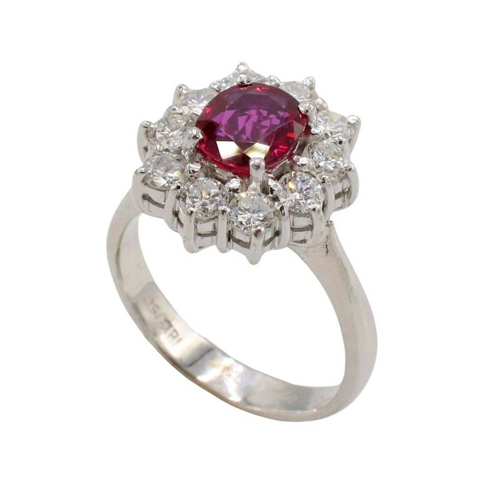 Brilliant Cut GIA Certified 18 Karat White Gold Natural Ruby & Diamond Halo Cocktail Ring  For Sale
