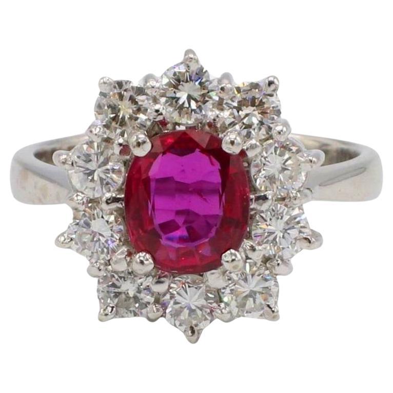 GIA Certified 18 Karat White Gold Natural Ruby & Diamond Halo Cocktail Ring  For Sale