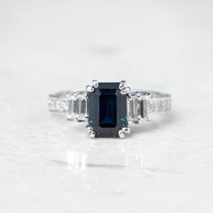 GIA Certified 18 Karat White Gold Step Cut Sapphire and Diamond Engagement Ring