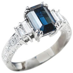 GIA Certified 18 Karat White Gold Step Cut Sapphire and Diamond Engagement Ring