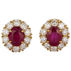 GIA Certified 18 Karat Yellow Gold Diamond Halo & Burma Ruby Earrings