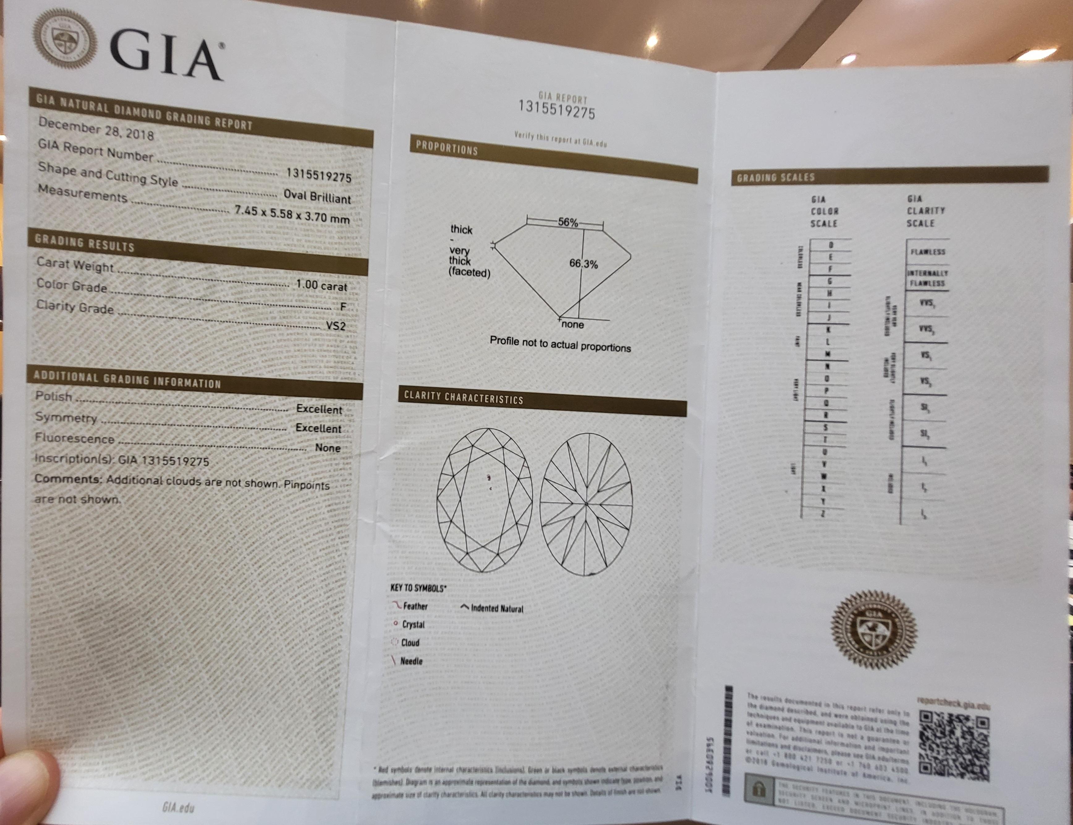GIA Certified 18 Kt Gold Ring 1 Carat Oval F VS Diamond & 0.7ct Pavé Diamonds For Sale 8