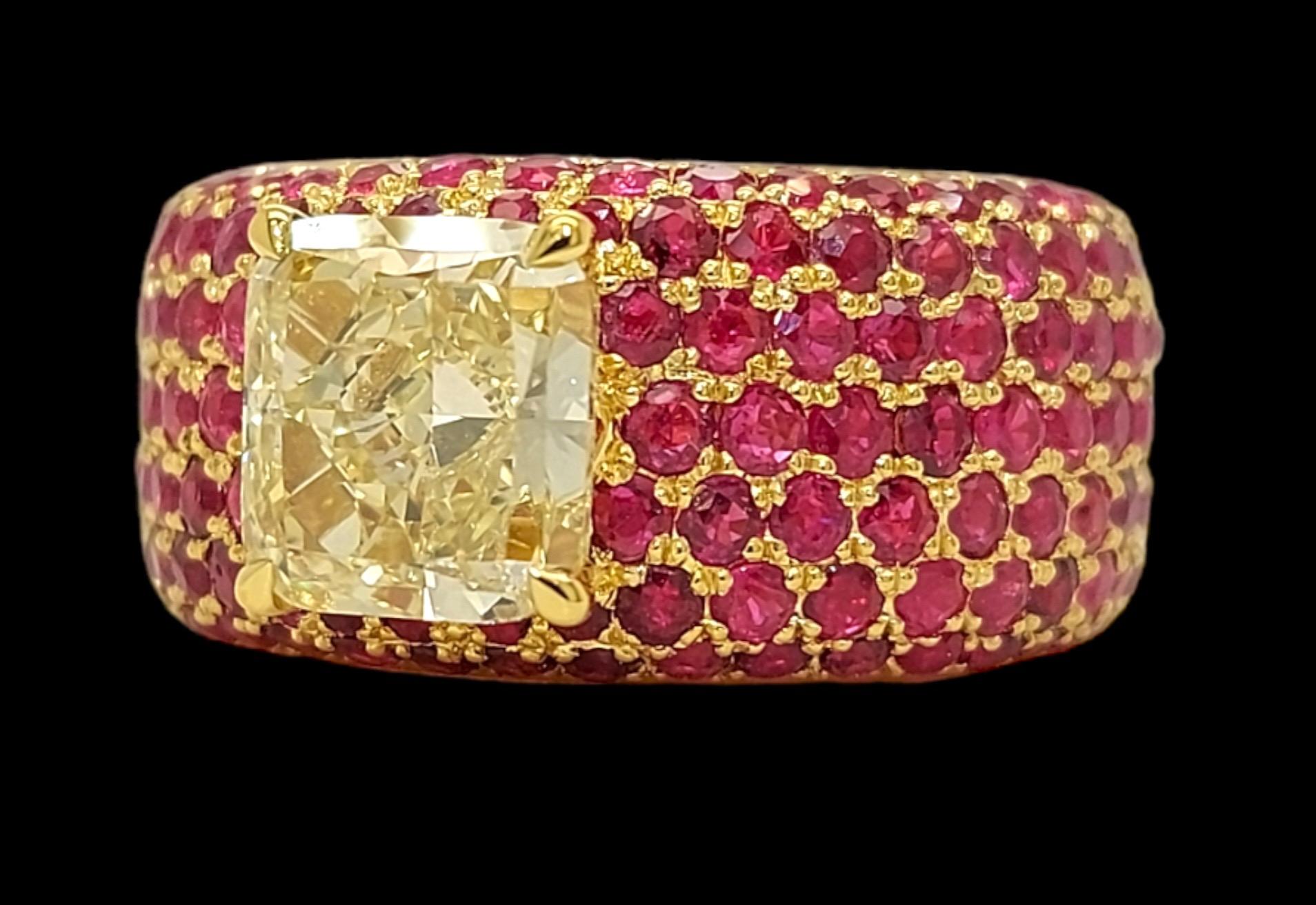 Artisan GIA Certified 18kt Gold Ring with 3.06ct Fancy Yellow Diamond & 9.07ct Ruby For Sale